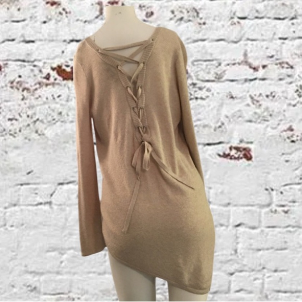 Democracy, Tan, Asymmetrical Sweater with Lace Up Back. Size Small.